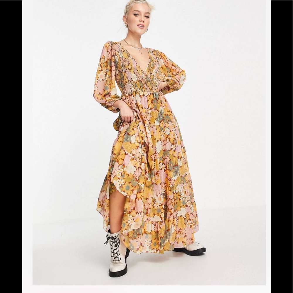 BNWOT ASOS shirred wrap tiered skirt maxi dress mustard floral print 4